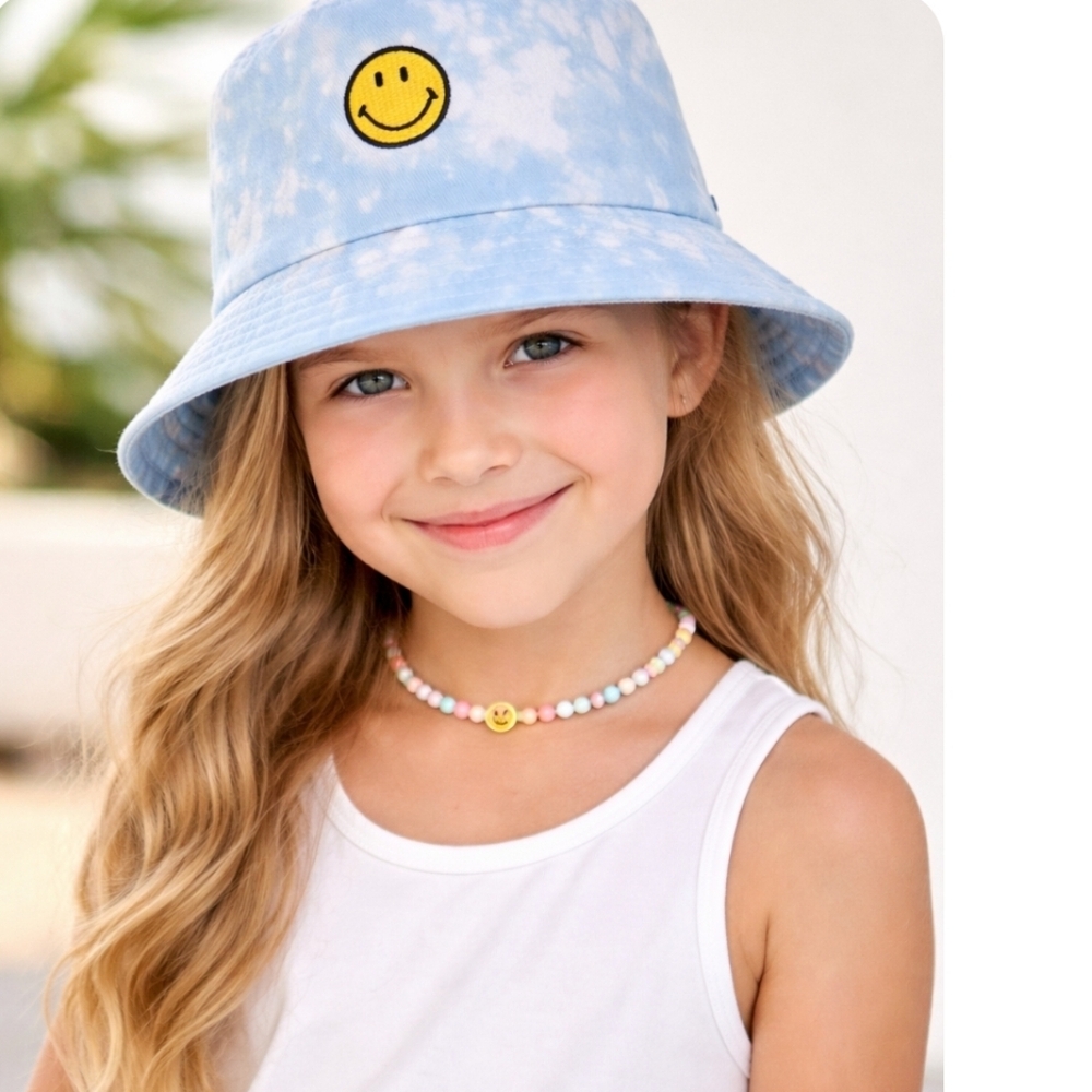 NWT Smiley Face Tie Dye Bucket Hat Light Blue Unisex Kids OS Trendy Festival